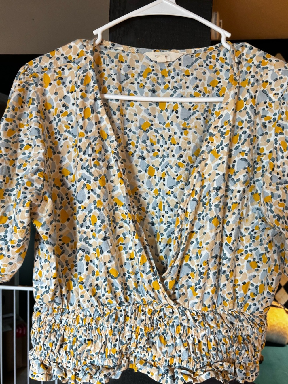 Women’s Floral Print Surplice Blouse in Yellow and Blue. Crop Top!